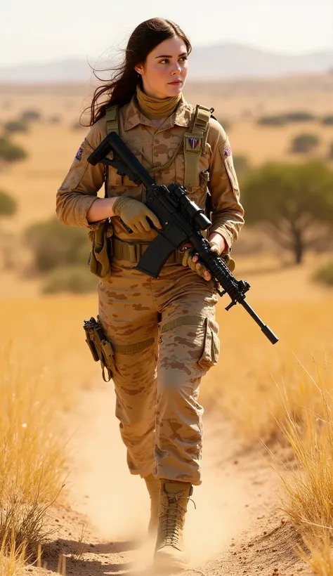 A beautiful and elegant young woman, serving as a distinguished officer in the army, strides forward with grace and determination across the vast African savanna. Her sharp, focused eyes scan the terrain with tactical awareness and unwavering resolve, embo...