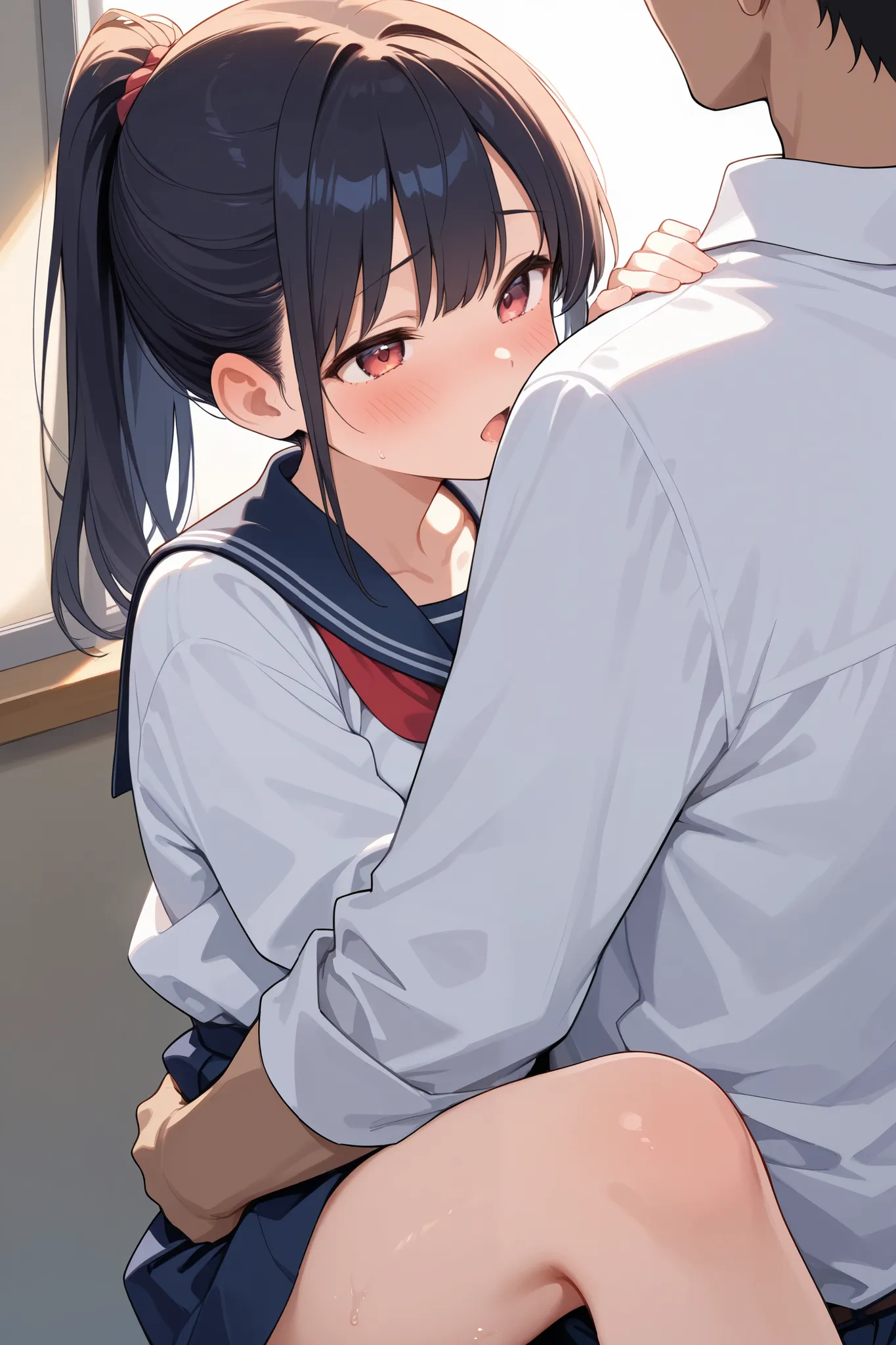 Cute Japanese schoolgirl with dark hair in a ponytail gets a piggyback ride from a boy and reaches orgasm