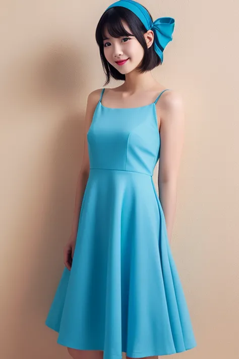 short bob,Women,Pin Shot,full body, black hair,Low body,Black headband,Blue dress,Positive