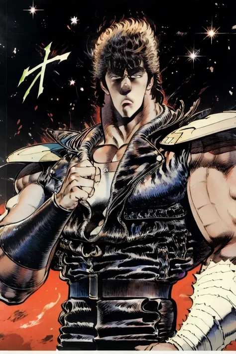 1人のmaleの子 ,  male、8K quality、 detailed image quality  、  Kenshiro stares at me、masterpiece、  upper body、   combat style、kicking karate posture、 shout、 angry face、Small Mouth、disheveled hair、posture representing fierce fighting spirit、   red undershirt、 Bla...