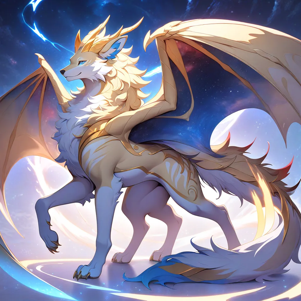 A majestic wolf dragon hybrid，It has golden dragon horns and bat-like dragon wings。The coat color on its front is blue、 gold and white ，Having blue wolf ears。The coat color on its back is red and white， Perfect Blend 。It has a huge, fluffy golden tail。gold...