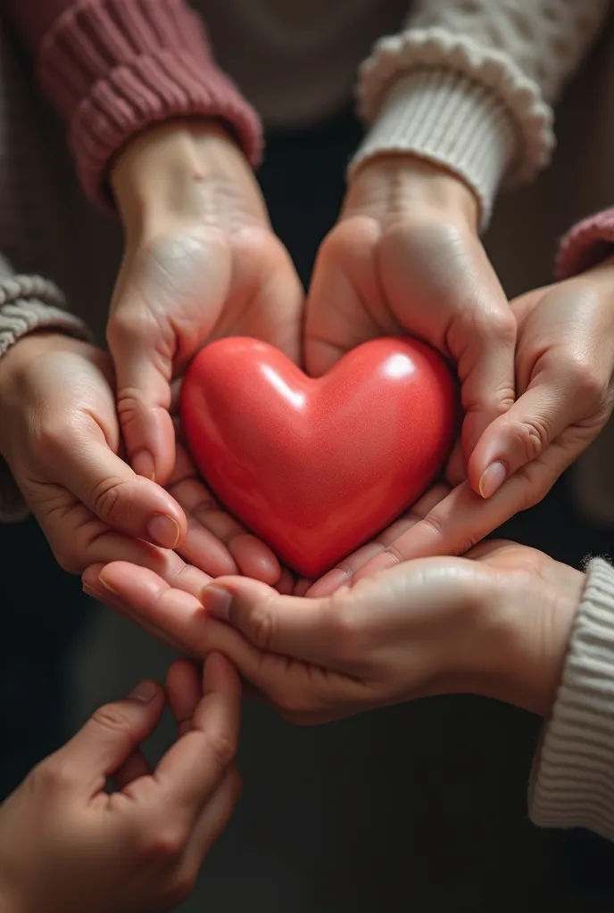 Grandchildren's hands, parents and grandparents wrapping a plastic heart