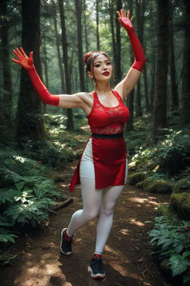 Masterpiece, Best quality 4k full body, chinese girls face , bold make-up, wearing red Saree and sleeveless blouse and red lipstick Ma durga standing two hands up showing her armpits in the forest wearing red Saree sleeveless blouse her body full of sweat 