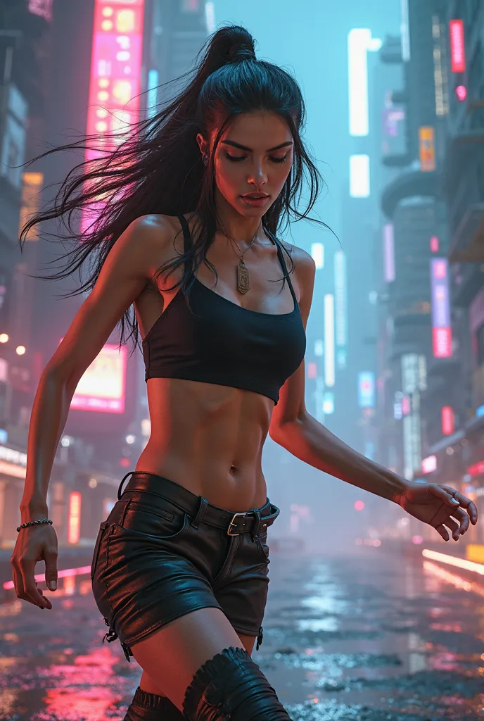 girl with perfect body, wearing short urban clothing, dancing boldly in a futuristic style 