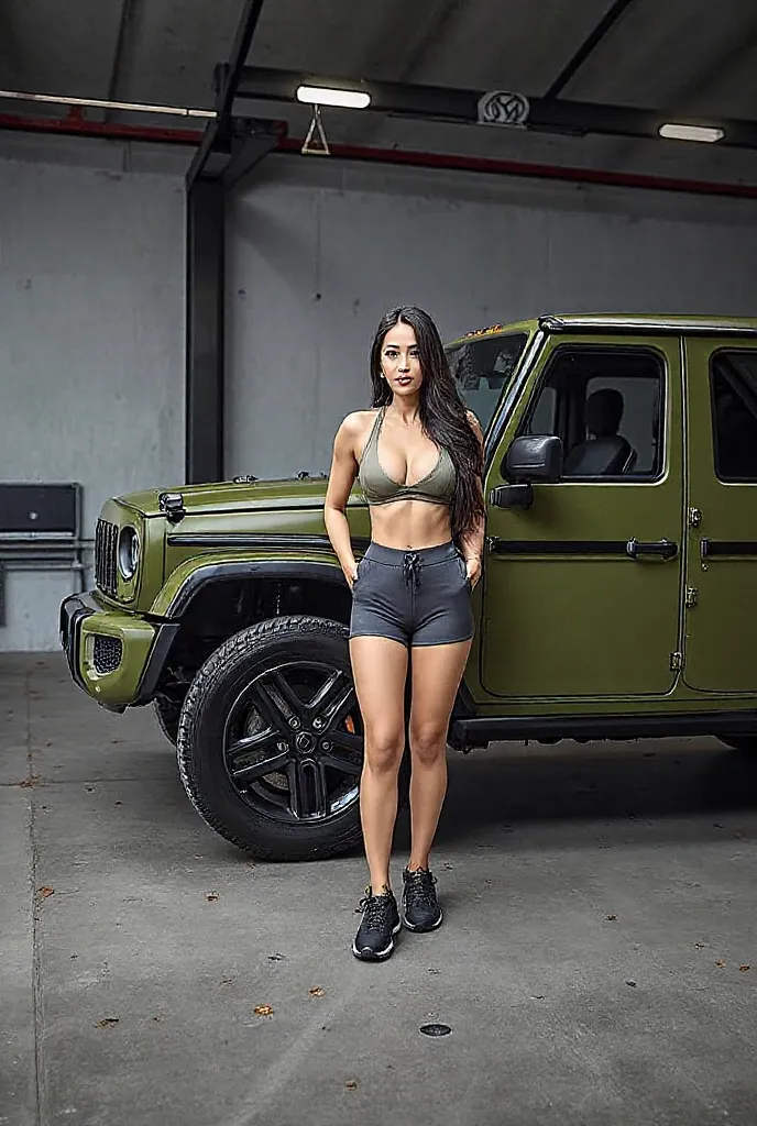 A stunning, fit young woman with long, silky black hair stands confidently next to a rugged, military-green Jeep Wrangler inside a modern industrial garage. She has a sharp, captivating gaze, high cheekbones, and a toned physique. Her skin is smooth and na...