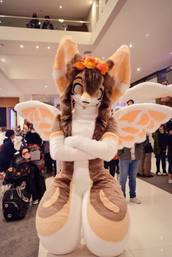 cute autumnal fennec fox girl, long dark brown hair, orange flower crown, eyeshadow, orange eyes, in a convention centre, crossed arms, angel wings