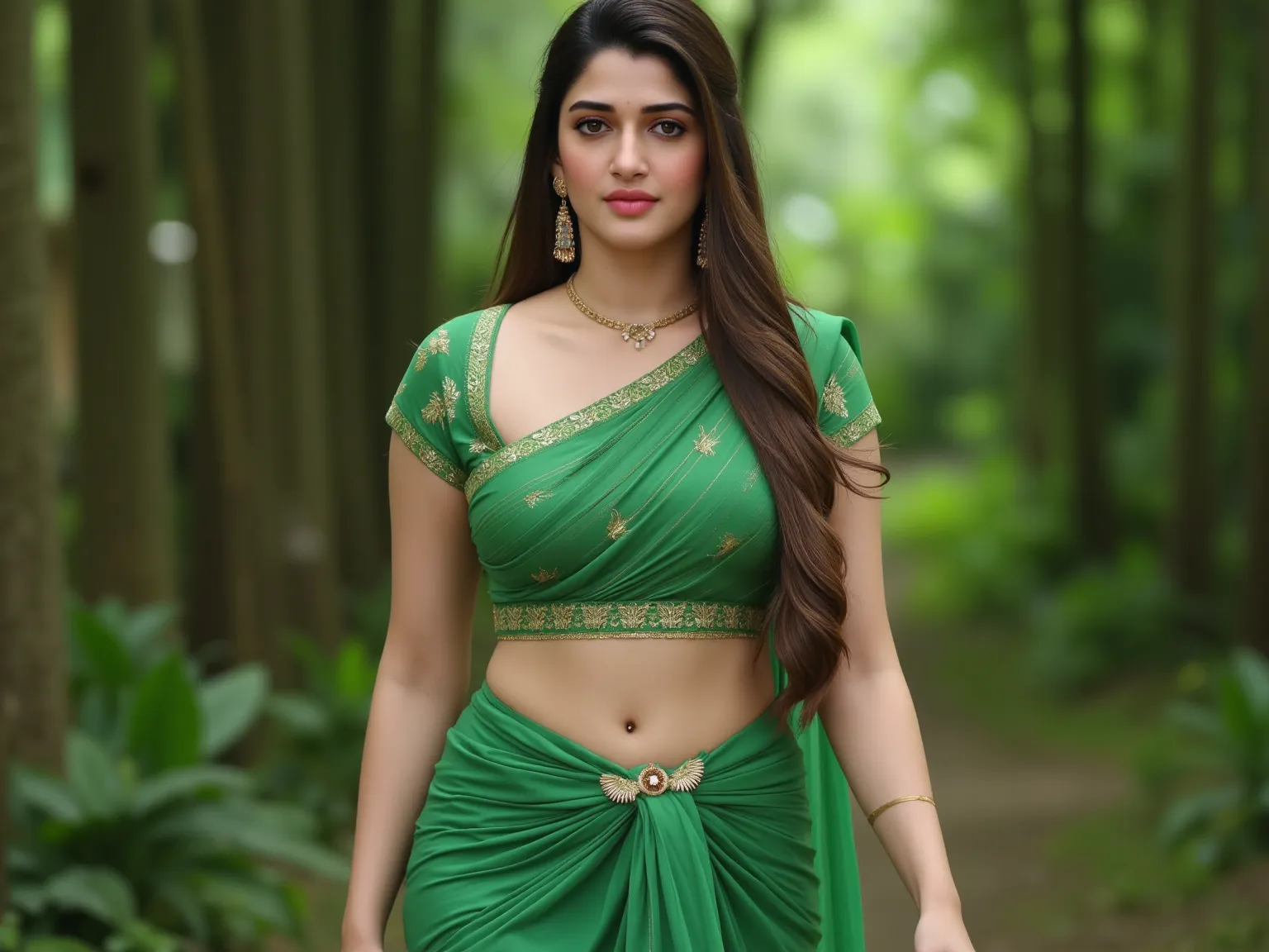 daytime view, close up shot of vedhika from front view, wearing green saree, walking in forest, looking to camera, dynamic pose, big and curvy cheeks, hourglass figure, sexy navel, swooping breasts, ponytail, necklace, (cinematic:1.3), intricate details , ...