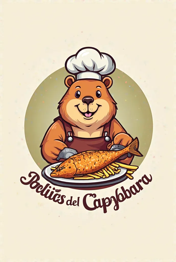 Create a round logo for a Capybara chef's restaurant that has fried fish with french fries and bears the phrase Delicias del Capybara in the lower part 