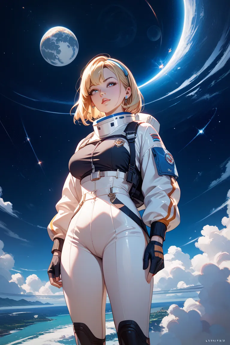 Mysterious image of space、 Women with Good Style、wearing a spacesuit、Blonde Longair、standing sideways looking at the moon