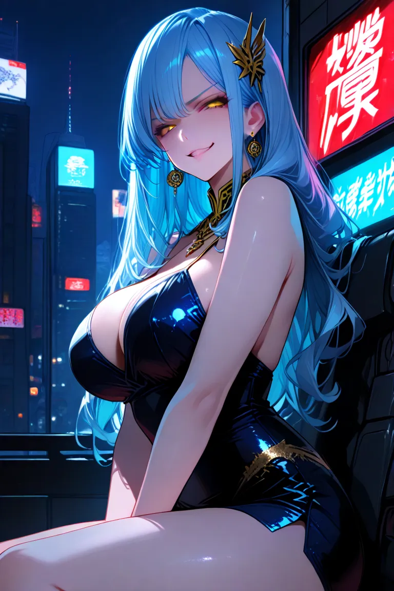 (masterpiece, best quality;1.3), extremely detailed ,ultra detailed,  1GIRL,solo,  twin tail,  large breast, evil smile, gundam(rx78), science fiction, mecha, , blue hair, solo, hair ornament, long hair, twin tail, gold eyes, jewelry, earrings, looking at ...