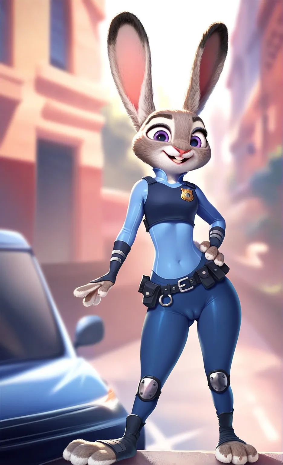 Solo, score_9,score_8_up score_7_up, anthro, female, Judy Hopps, rabbit, standing in front of a police car, three toes, 3 toes, feet, rabbit paws, rabbit feet, fluffy feet, tight police uniform, cameltoe, transparent,