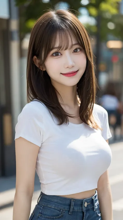 shopping street in the evening: (((tight white t-shirt and denim shorts))), top quality, shape, 非常にdetailsな, details, High Resolution,  8k, Perfect Dynamic Composition, beautiful details,  natural lips, Tight T-shirt, ((H cup breasts)), (((has huge breasts...