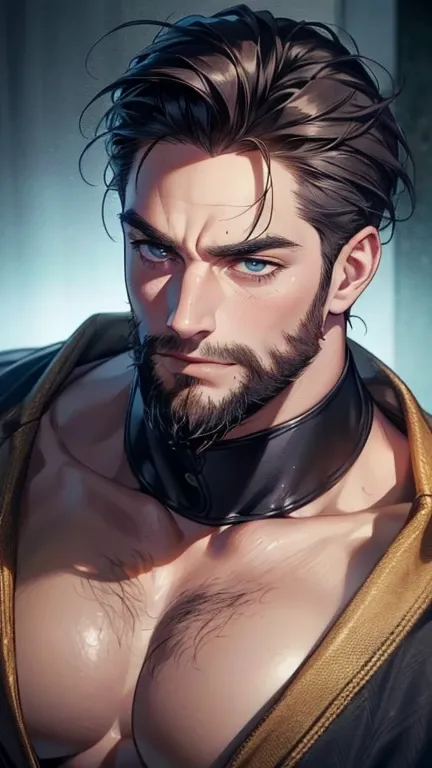 ( Idiot ,4K,8k,  highres,  masterpiece:1.2),  breasts,(Realistic,photoRealistic,photo-Realistic:1.37),36-year-old man,3 day beard,cute anime ,Portraits,strong,masculine,    dark hair,sharp jaw,      mesmerizing eyes      ,  perfectly combed hair,    cool a...