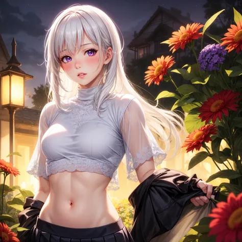 realistic, 1girl, white hair, purple eyes, glowing eyes, crop top, skirt, parted lips, blush, night, flowers, sun, sunlight,