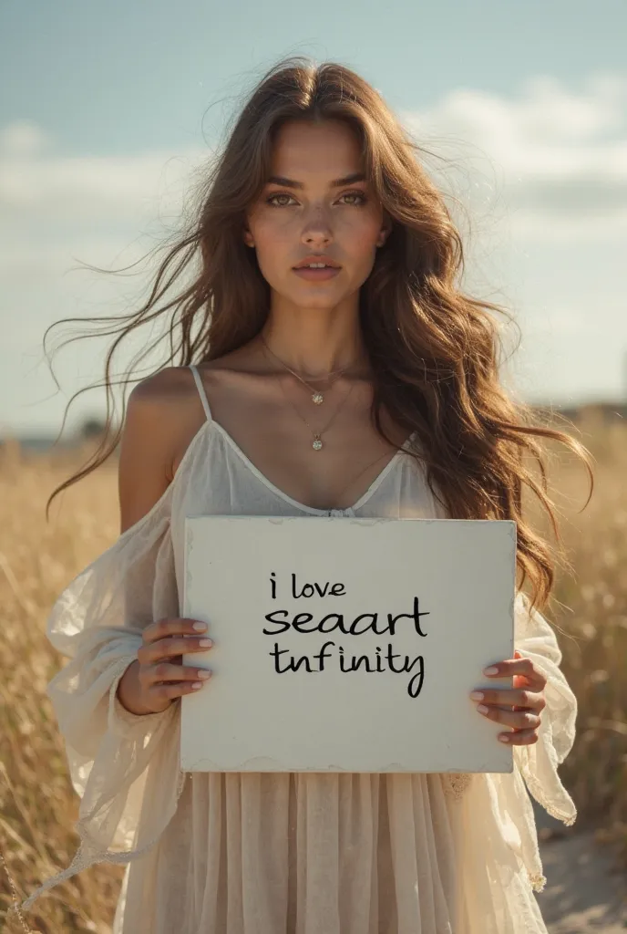 Beautiful girl with long wavy hair, bohemian dress, holding a white board with the text " I Love Seaart Infinity " and showing it to the spectator