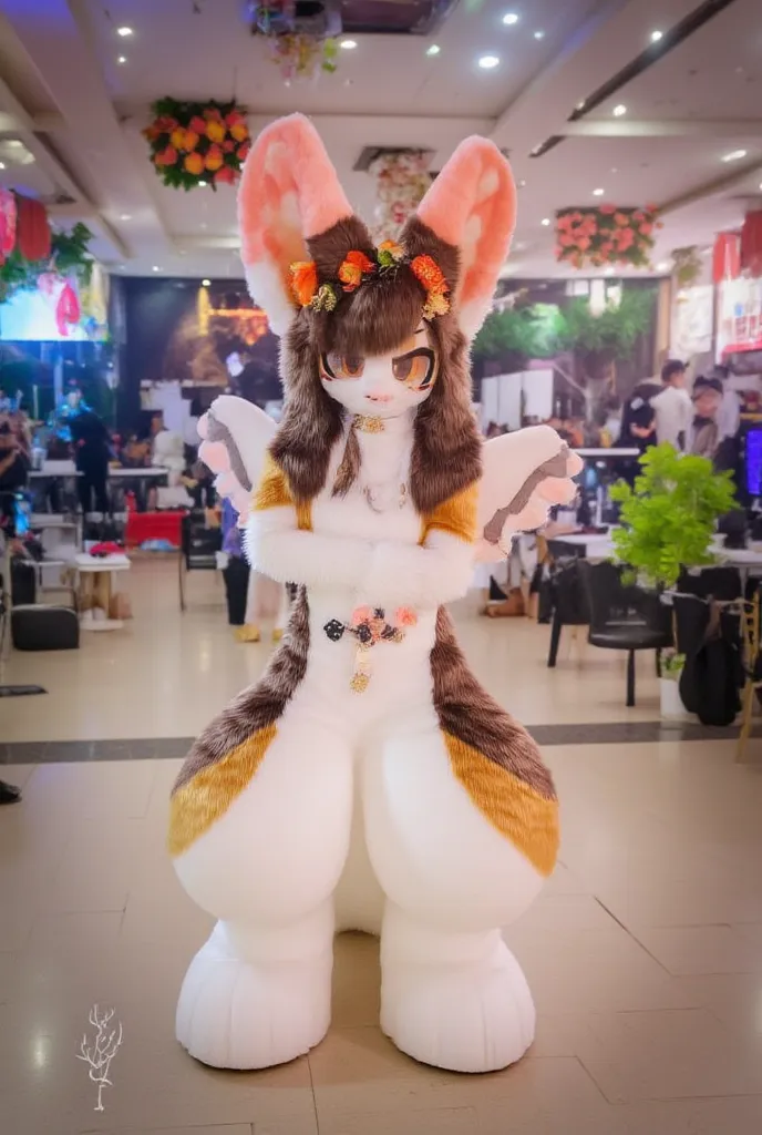 cute autumnal fennec fox girl, long dark brown hair, orange flower crown, eyeshadow, orange eyes, in a convention centre, crossed arms, angel wings