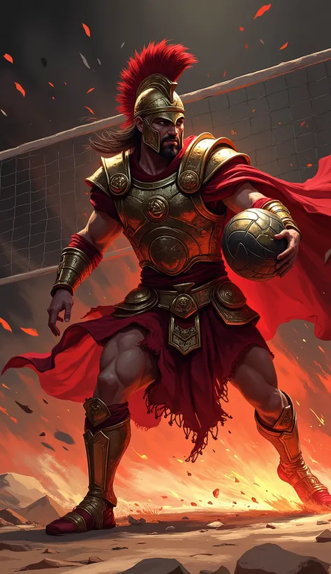 greek god ares, god of war, ((playing volleyball:2)), volleyball ball, (((background is volleyball court:2))), (((volleyball net:2))), ((professional volleyball player pose defensive)), ((Receives the ball)), (((defending court))), (defending), 4K, high de...