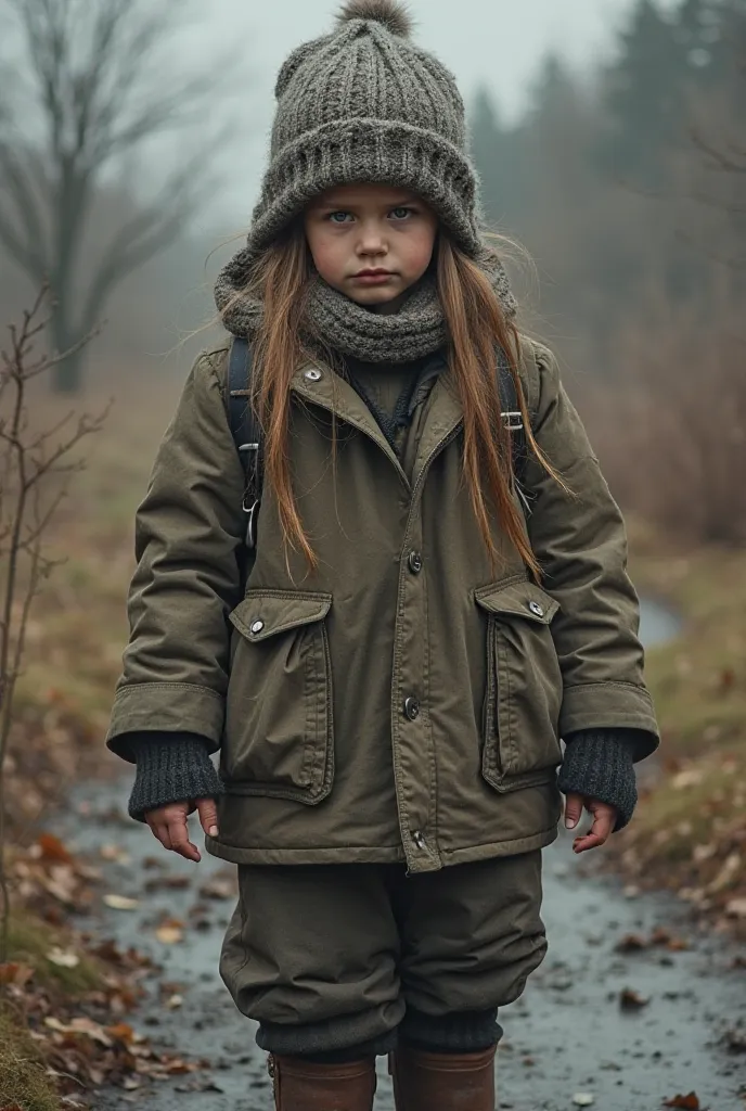 A girl wearing a old, ragged clothes and a thick woolen hat that nearly covers her eyes. And a heavy jacket that is a bit over sized and a pair of leather boots which are almost hidden by the too-large pants puddling around her ankles. She looks like a poo...