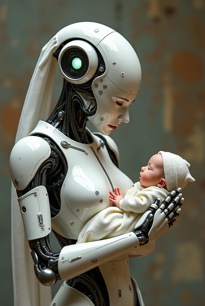 Futuristic robot midwife, metallic jand sleek design, assisting in birth, gentle and caring demeanor, newborn baby in a serene setting, Banksy-inspired perspective, graffiti art style, urban elements, raw emotion, sculptural representation, intricate detai...