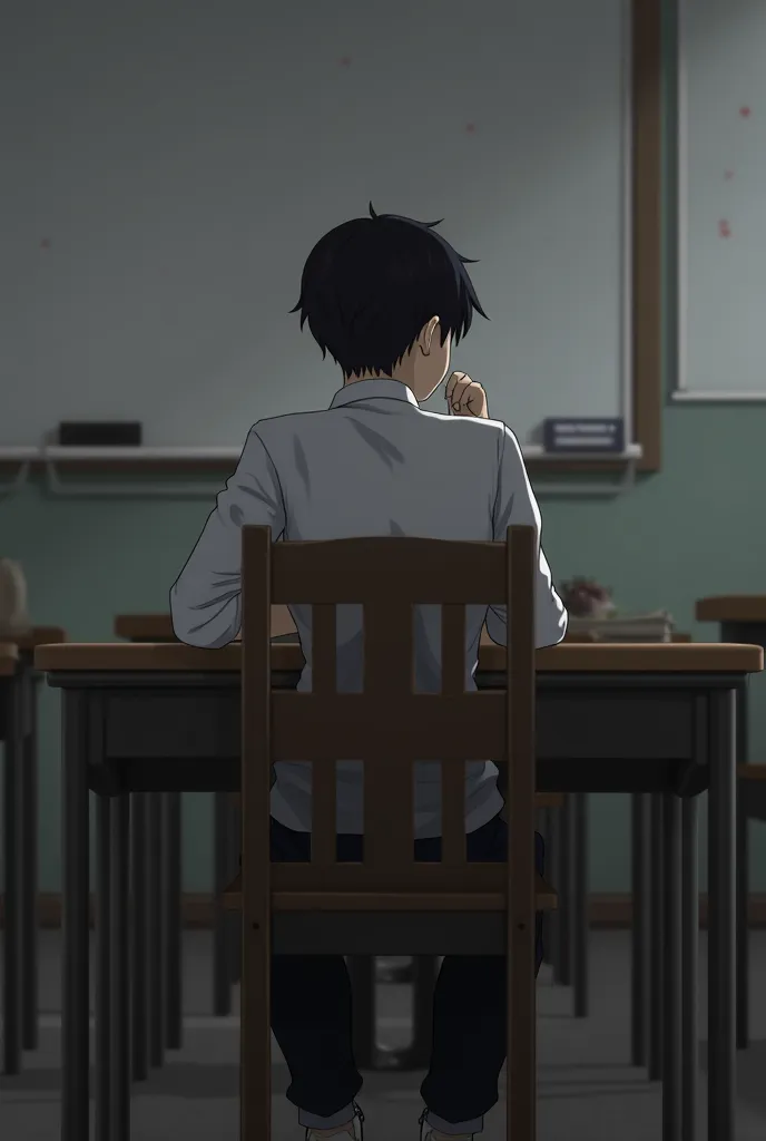 Ayanokouji Kiyotaka bored sitting at a desk 