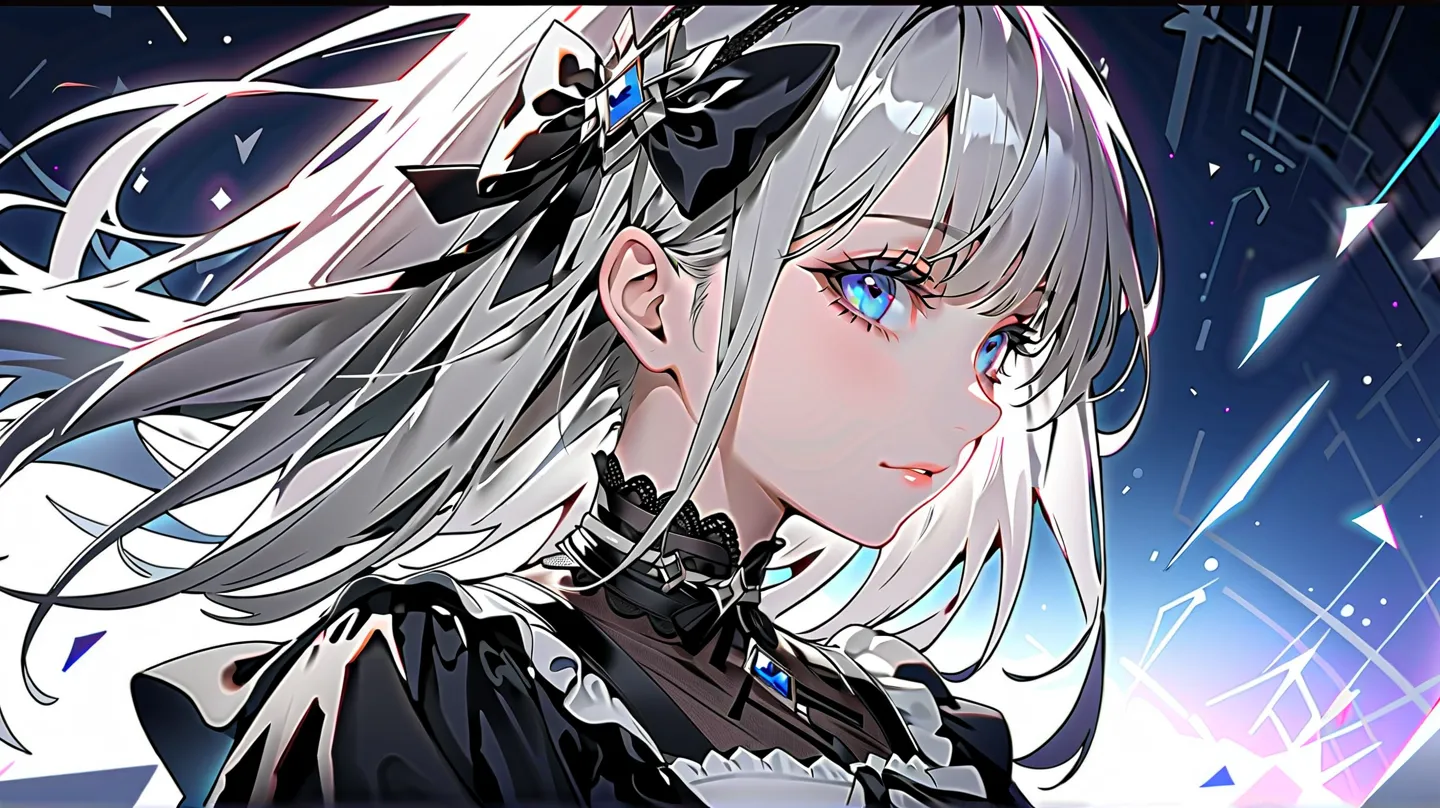 ( digital art in South Korea :0.2),(Geometric Art:1.7),(top quality),(masterpiece), delicately drawn face ,a girl with a beautiful face, beautiful detailed blue eyes ,gothic lolita fashion,((Black and White Costumes )),( Beautiful Silky Silver Hair :1.2),B...