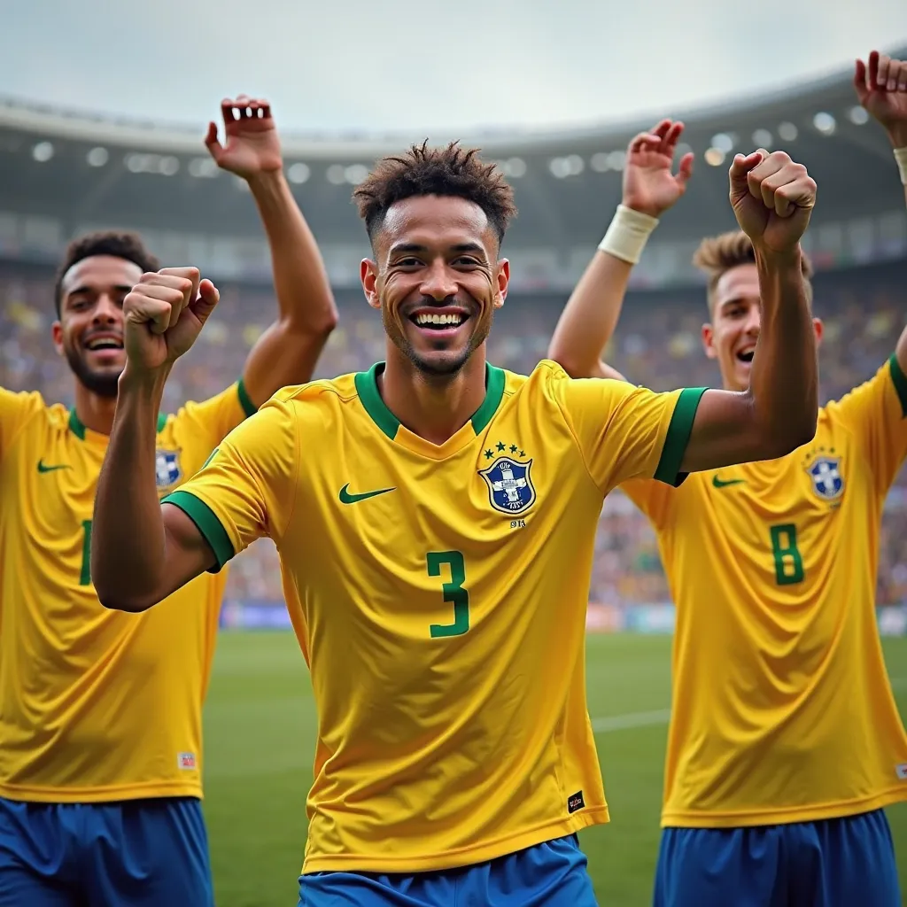 several football players are happy to win, with your hands up. three players have a Brazilian classic football uniform, and one has a goalkeeper uniform.  Make everyone different faces, but Brazilian looks with different hairstyles. And for everyone to be ...