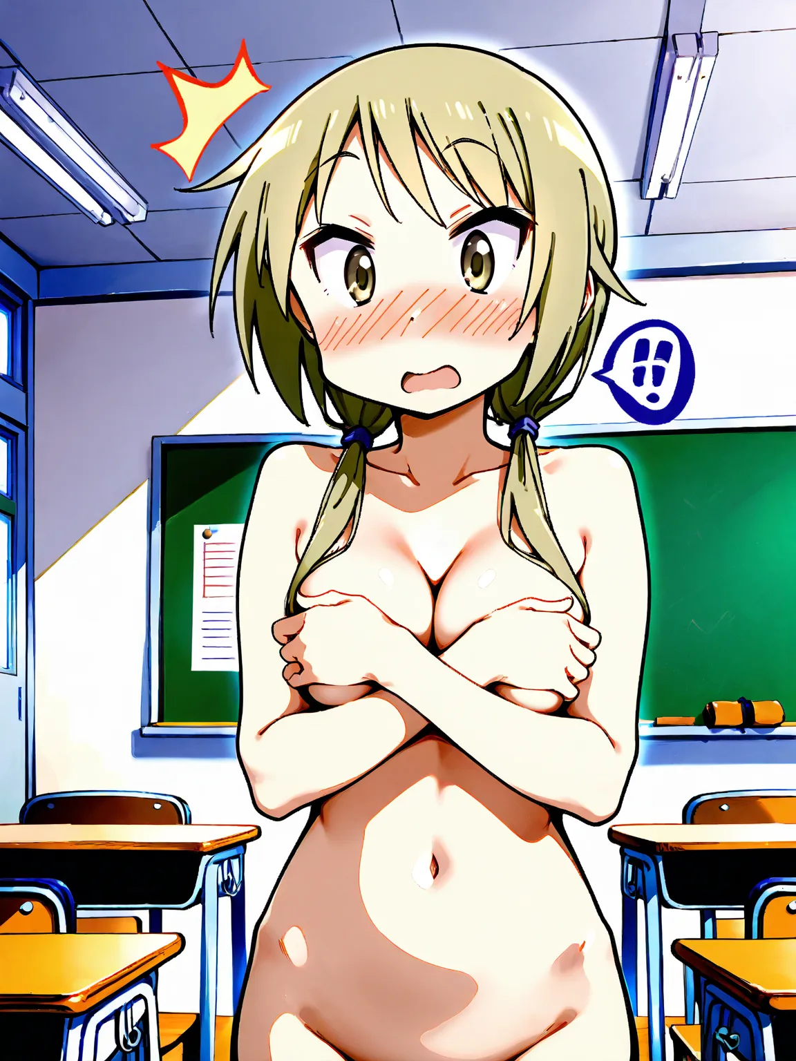 nsfw, one girl, Yuyushiki, Ichii Yui, naked, surprise, embarrassed, covering, school classroom