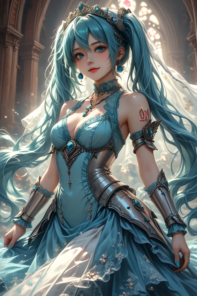 (best quality),(masterpiece),(8k),(high resolution), detailed hair, detailed clothes , Alone , woman , Hatsune Miku ,  turquoise hair  , twin tails , smile ,  create a perfect body line  , Hot body , red 01 tattoo on one upper arm ,  exact finger , Light e...