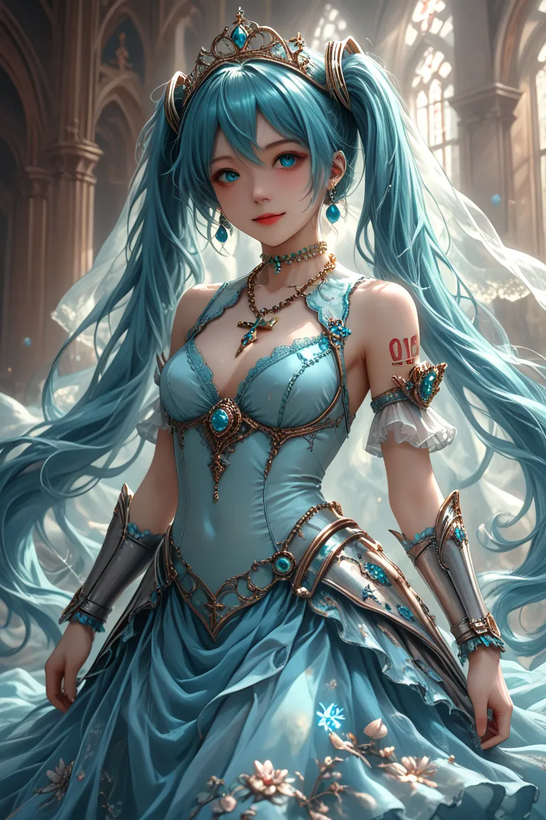 (best quality),(masterpiece),(8k),(high resolution), detailed hair, detailed clothes , Alone , woman , Hatsune Miku ,  turquoise hair  , twin tails , smile ,  create a perfect body line  , Hot body , red 01 tattoo on one upper arm ,  exact finger , Light e...