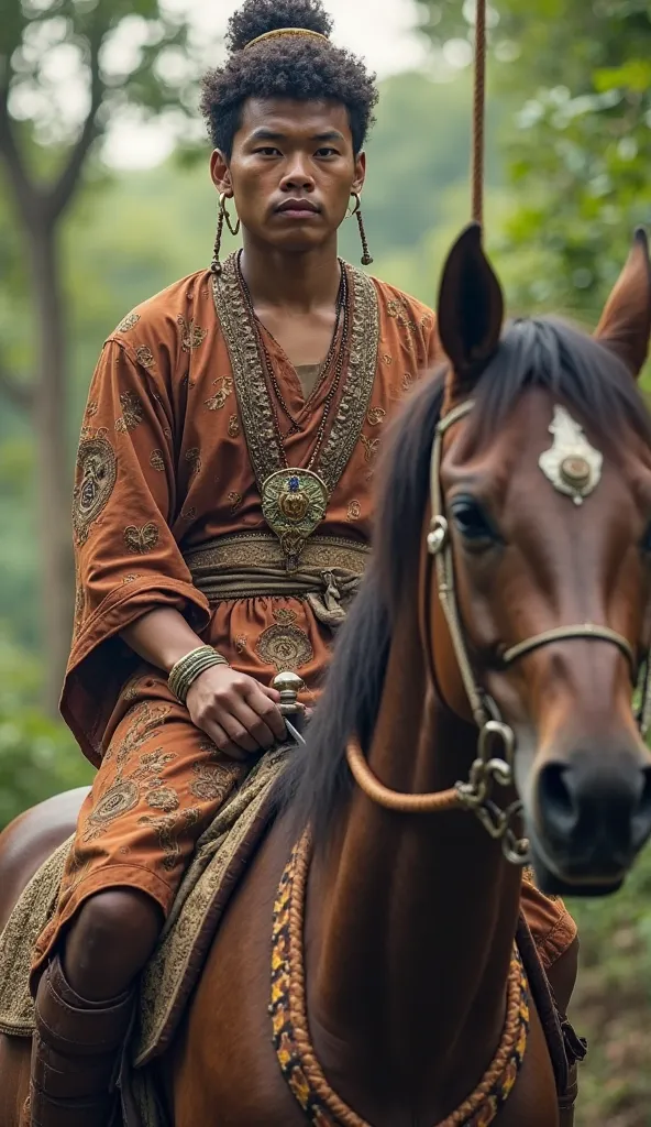 an Indonesian young man, sturdy body, slightly fat stomach, brown skin, curly hair, wearing traditional Javanese clothes, wearing a blangkon, riding a horse, Majapahit kingdom era