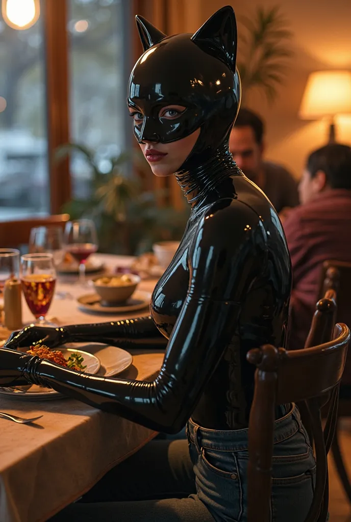 A  girl is wearing a full enclosed bodyfit skintight black latex catsuit and under jeans and the girl is dinning with her family and its cold inside home