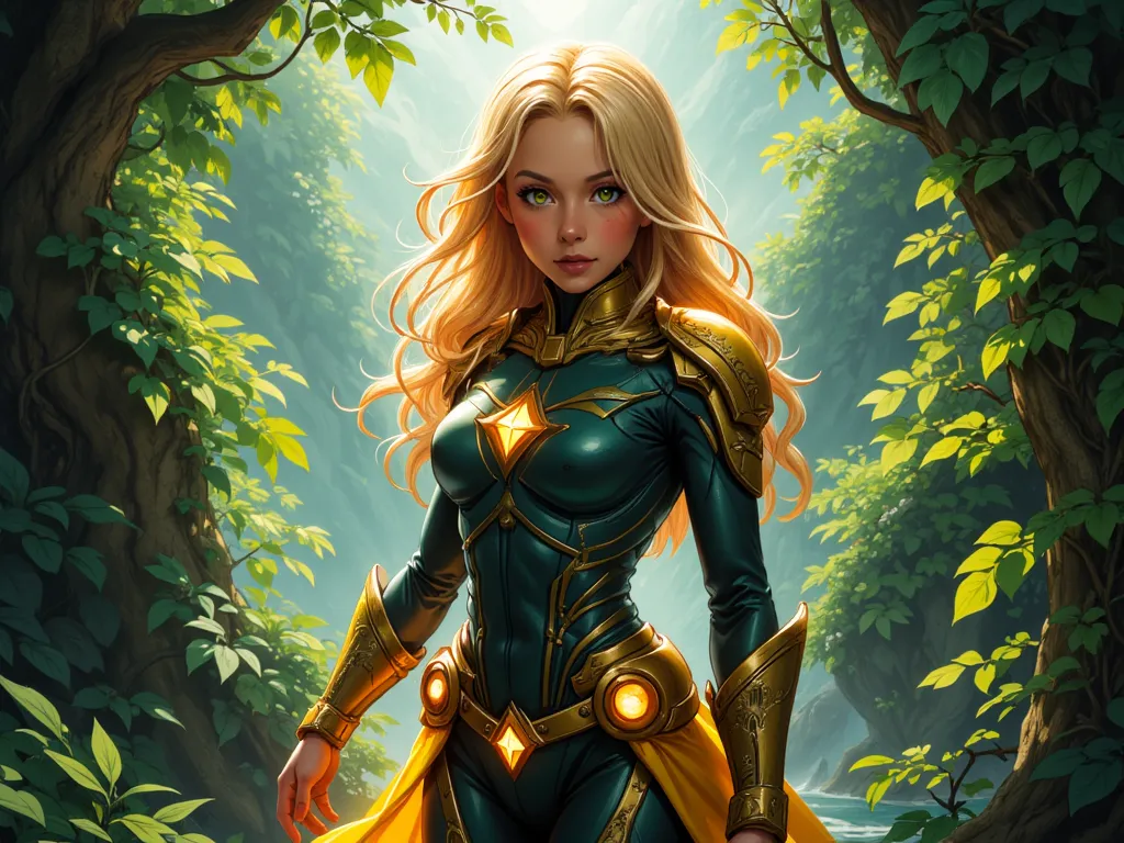 A beautiful young female superhero with long blond hair  in lush jungle, zavy-ctcmcs