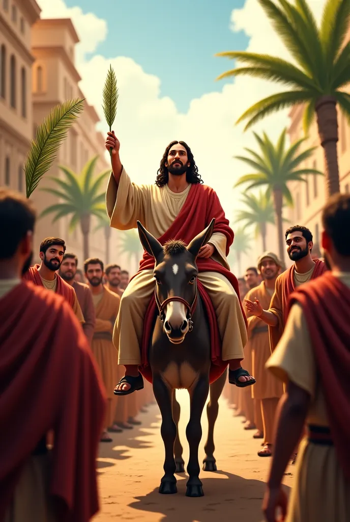 An image of Palm Sunday, where Jesus gets on a donkey and is praised with palm branches, Jesus has a pretty, smiling face and so do other people 