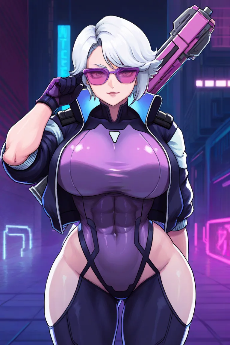 White hair赛博朋克动漫高冷熟女，ultra-detailed pixel art style，neo-futuristic aesthetic，Japanese cyberpunk，8 K, weapons、gun、 short hair、持gun、Tinted glasses、Gloves、sunglasses、持gun、 purple glasses 、jacket、White hair、outdoor，very very big and huge bosom，Big and Big to T...