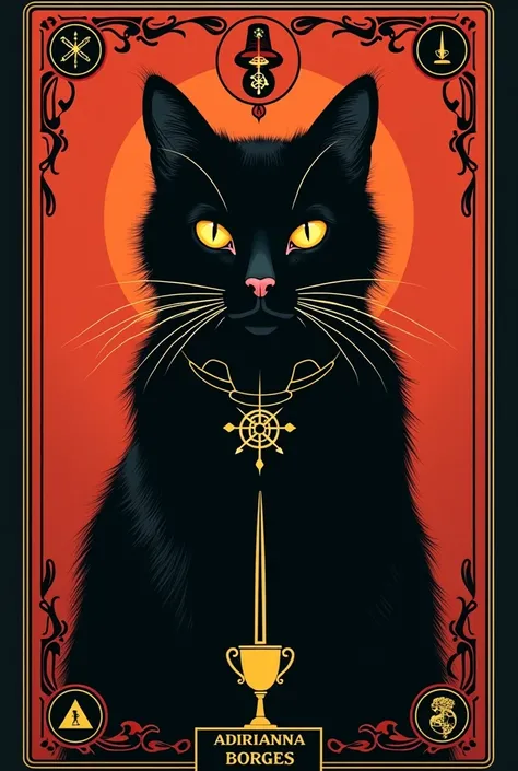 1. Adrianna Borges Cartomancy. 2. Minimalist and classic. 3. Black cat as main, the cat's eyes are yellow, Deck symbols : cups, Gold, pause, sword. 4. preference for a red background and black elements. 5. I like the old-school style.