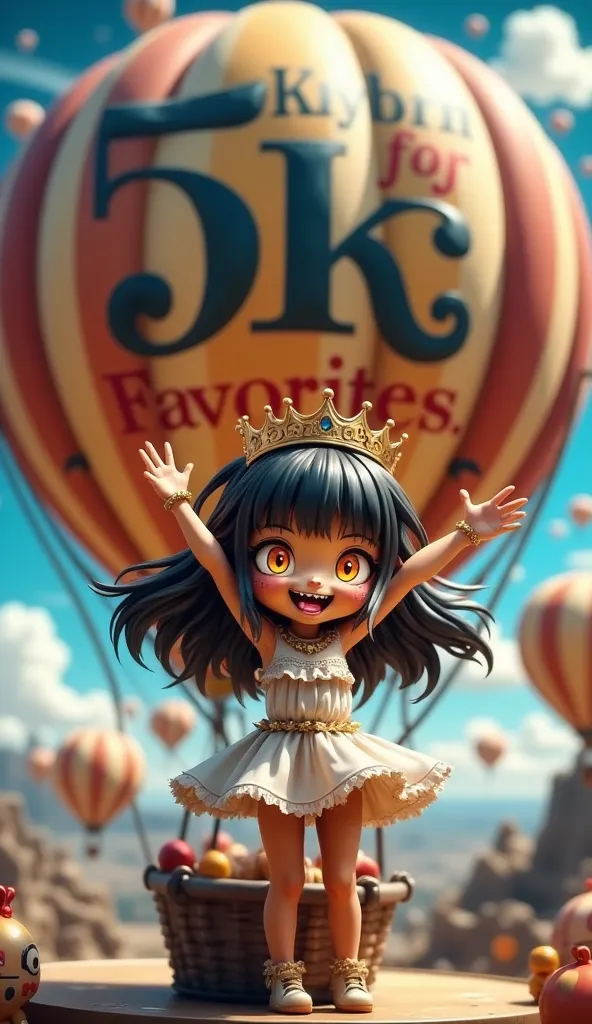 (Boarding a huge hot air balloon with "Thank you for 5K [favorites]" written on the surface of the balloon in large letters:1.5), (((Pixel perfect, perfect detail))), (She is facing forward with her arms raised in a cheer-like pose.), Looking at the viewer...