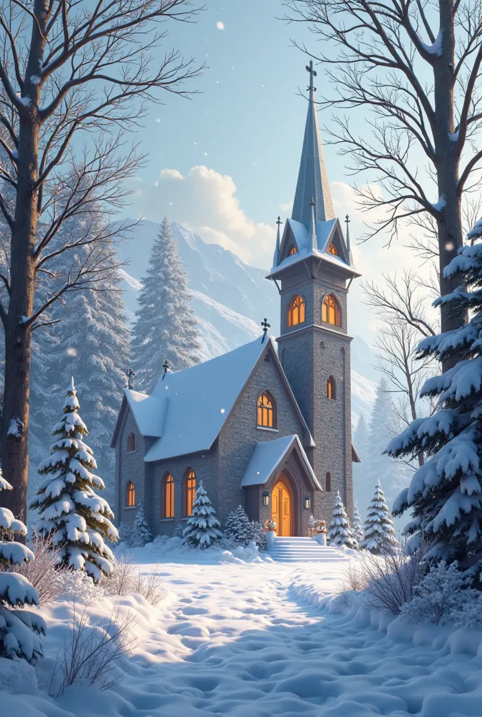 Snow scene with a church and trees in the generative snow