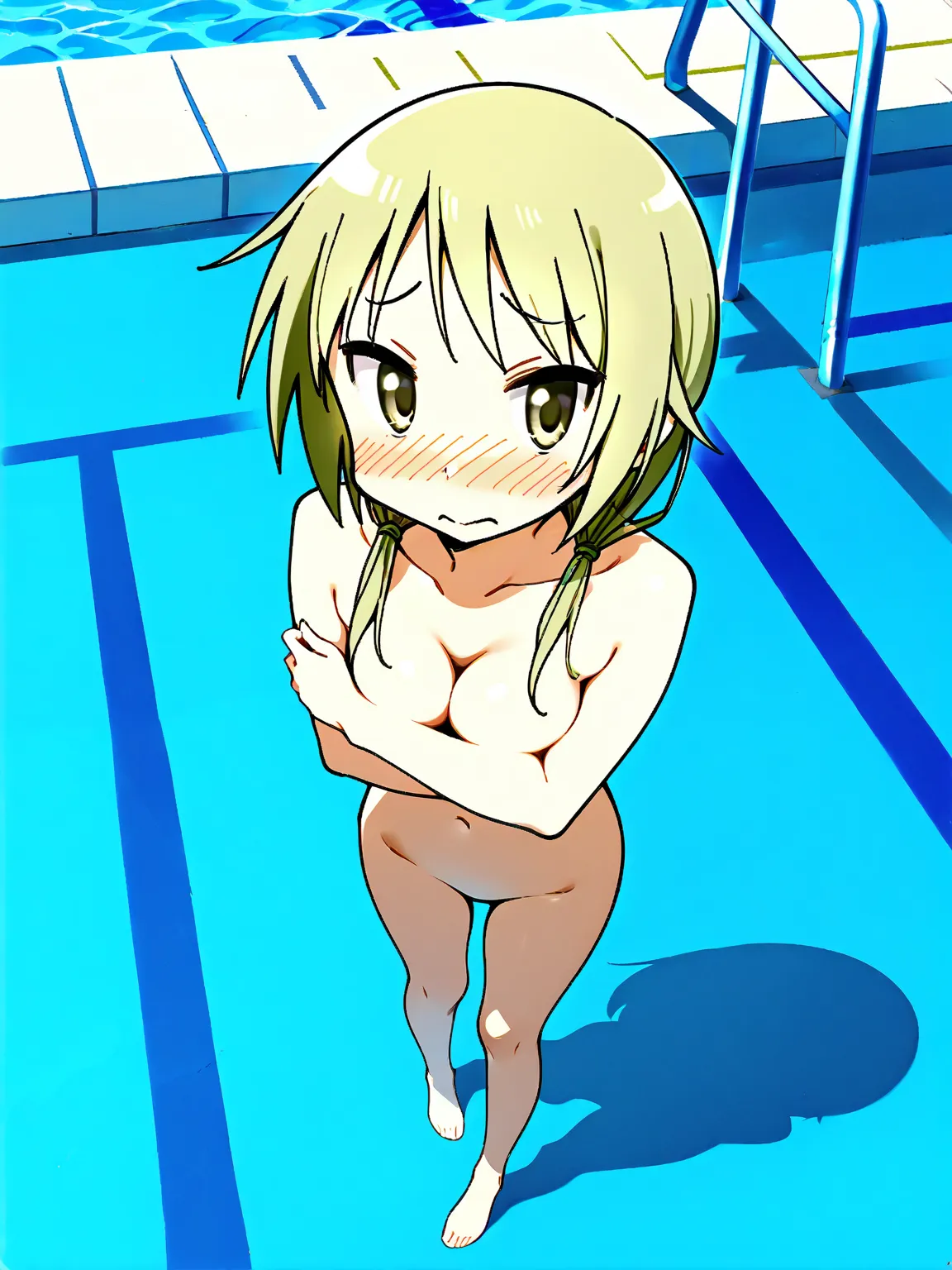 nsfw, one girl, Yuyushiki, Ichii Yui, naked, embarrassed, naked alone, school poolside