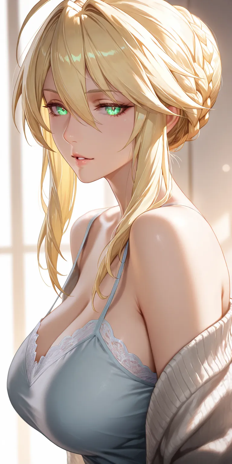 Masterpiece, very aesthetic, vibrant, high contrast, high resolution, ultra detailed, elegant mature woman, artoria Pendragon (lancer), housewife, camisosle, open cardigan, off shoulder, parted lips, seductive, soft light, best quality, newest, honkai star...