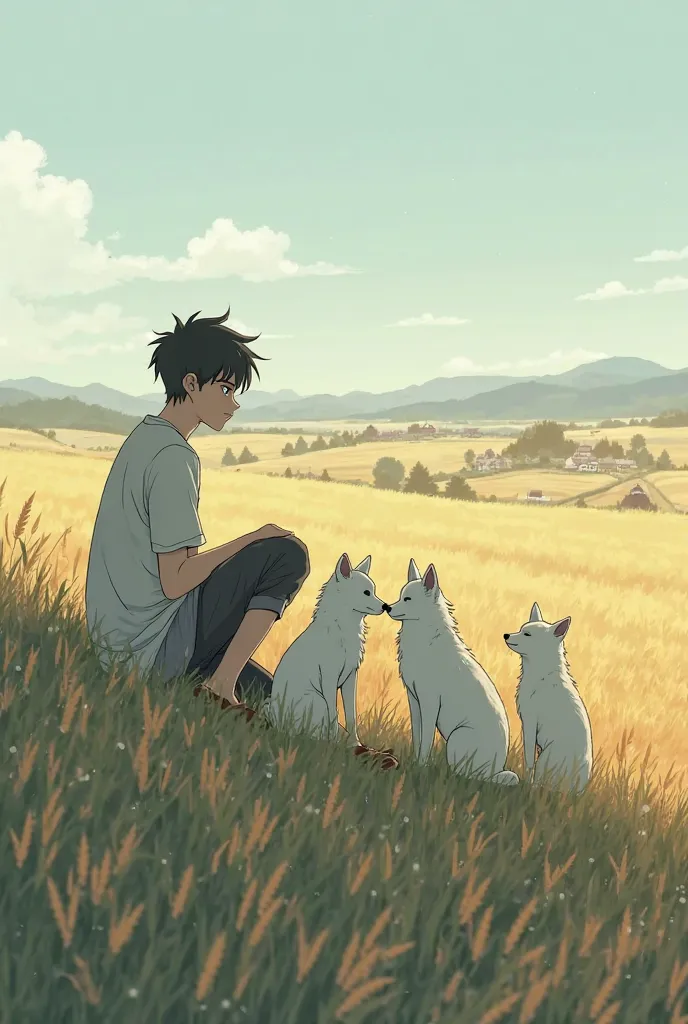 Sad anime guy sits on a hill around wheat fields . There are villages far away. He's sitting next to 3 White Wolves. 1 adult and 2 puppies