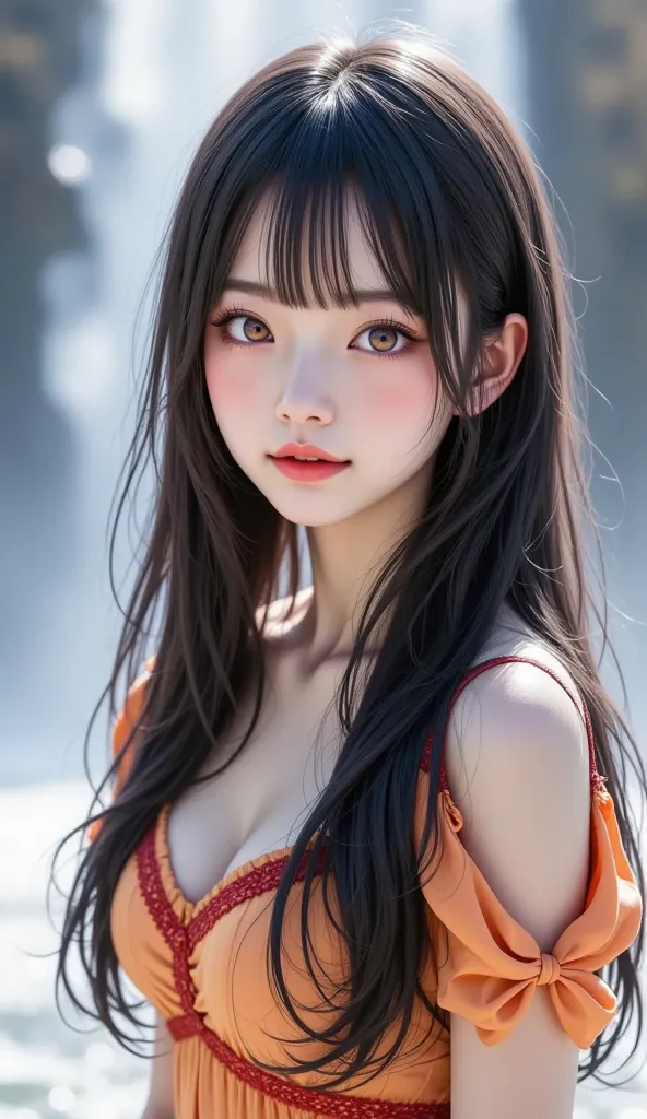 high resolution,  super high quality, 32K, surreal,  realistic photo :1.37,  beautiful woman, , Beautiful details ( eyes, Long eyelashes, Lips), , and her hair,  bangs:1.3, Ji Qie, puppet, Charming Smile, Half open mouth, Head tilt, Light blue, Rift, Middl...