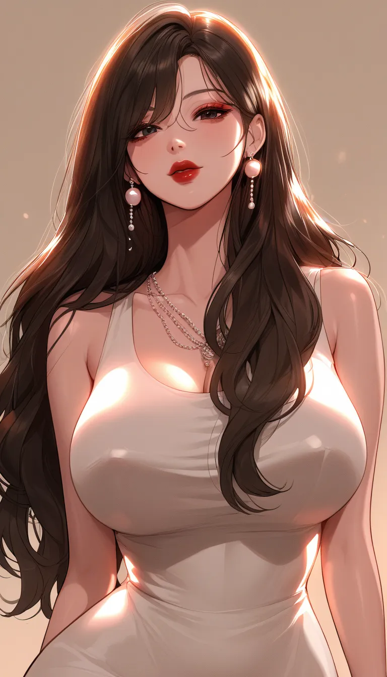 Masterpiece, housewife  , black eyes, tall body, upper body, dynamic lighting, ultra detailed , manhwa art style, newest, long pearl earrings ,red lipstick,makeup, black hair ,necklace, bracelet,long hair , bracelet,rings, sleeveless Chinese tight dress ,f...