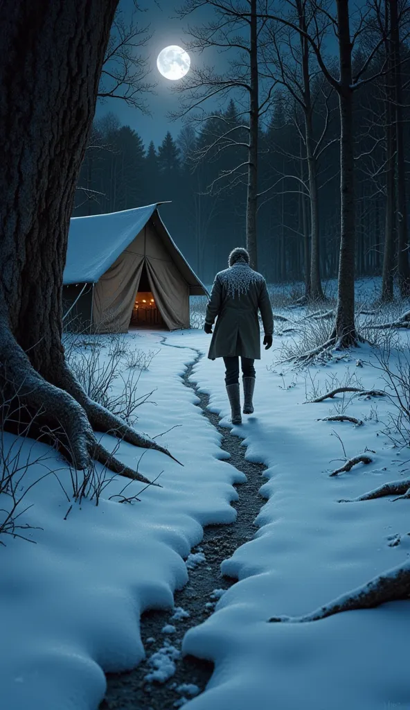 A chilling shot of footprints leading away from the tent into the darkness of a snowy forest. The footprints are uneven, as if the person was running. In the distance, a dead body figure lies motionless in the snow, partially covered in snow. The figure is...