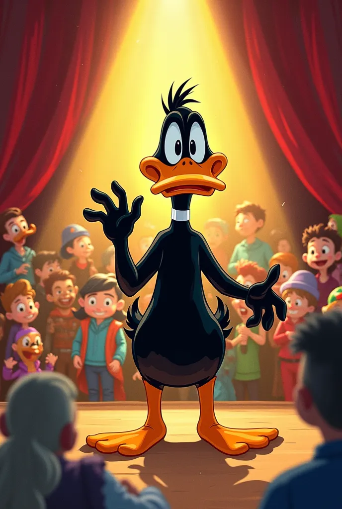 
narrator: Daffy Duck was known for his hilarious parodies and s loved watching his performances.. He was the king of impersonations in Cartoonville.