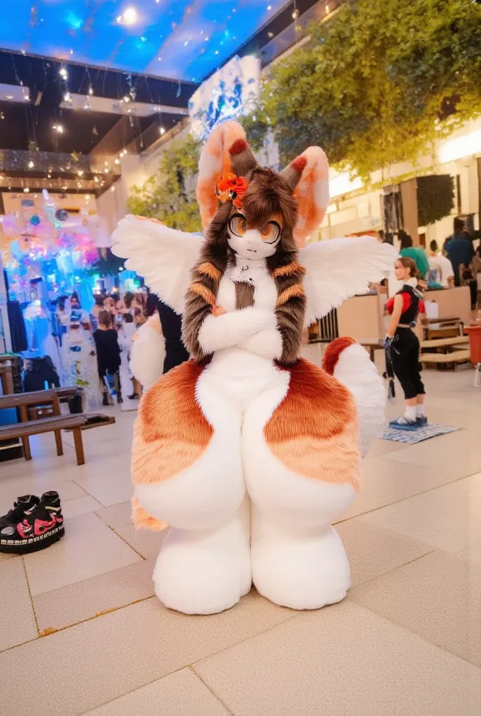 posing cute autumnal fennec fox girl, long dark brown hair, orange flower crown, eyeshadow, orange eyes, in a convention centre, crossed arms, angel wings