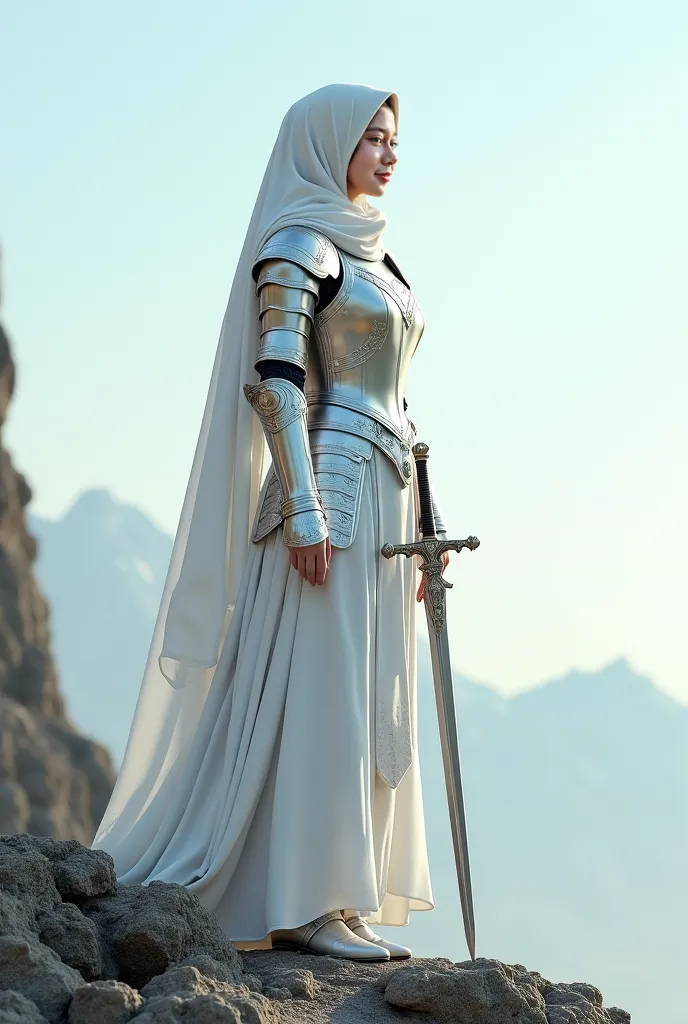 Beautifull female with hijab ,wear medieval knight white colored armor, wear white platemail, standing hold sword, step on rock