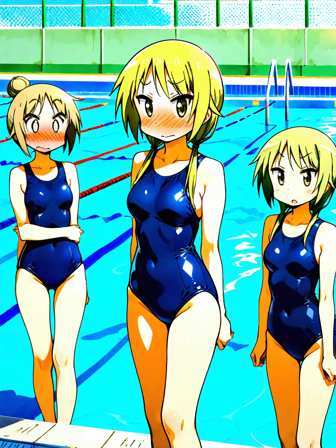 nsfw, three girls, Yuyushiki, Ichii Yui, naked, embarrassed, naked alone, school poolside, two extra girls wearing school swimsuits