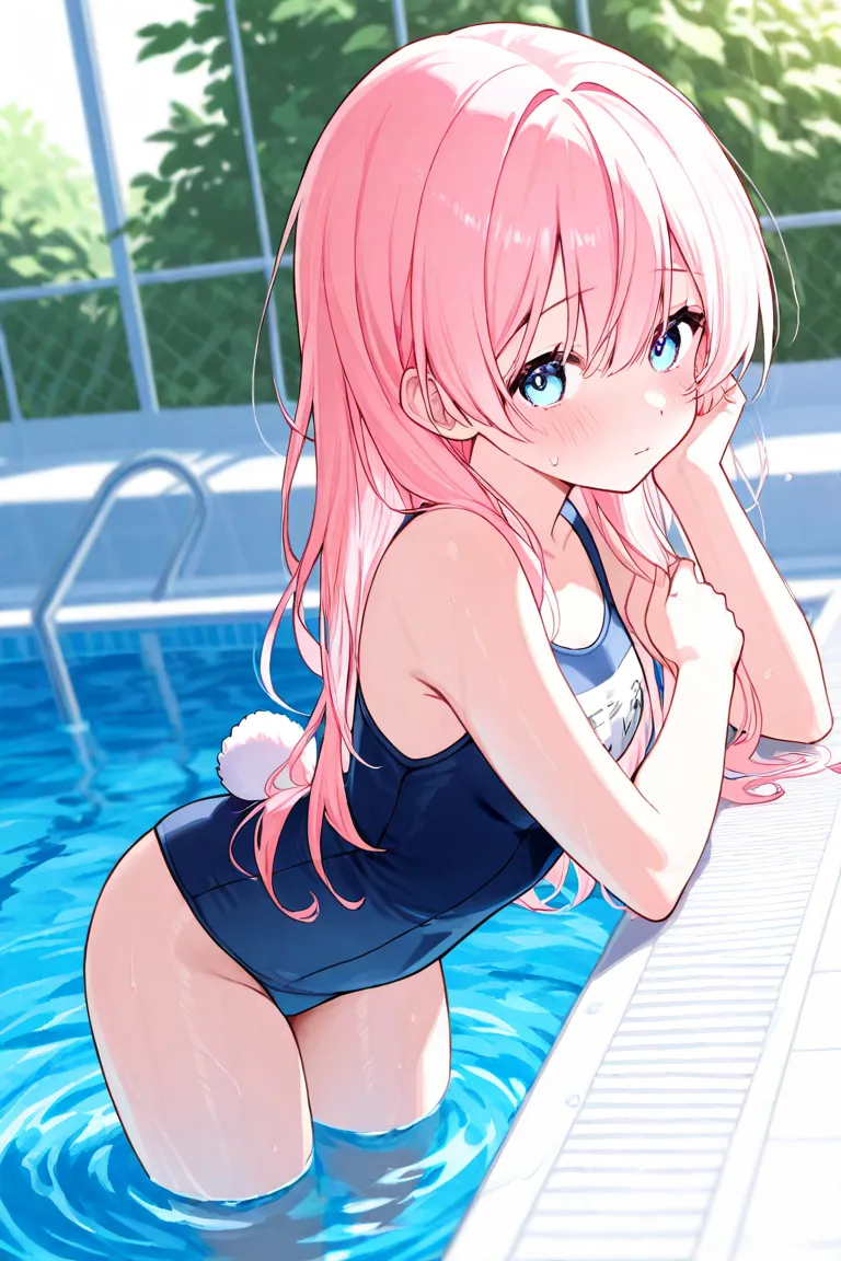  girl、pink hair、 long、light blue eyes、gossiper、 rabbit tail、school swimsuit、 pool、shy