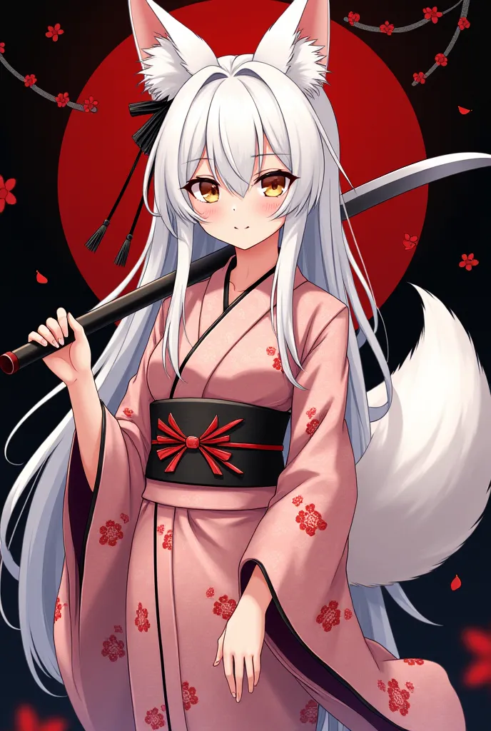 woman　anime illustration　Meet Me 19 years old　hair color is white and tips are red　red equinox embroidery on a black background A kimono with a cherry blossom petal pattern that hangs from the right shoulder to the left chest　It is equipped with a large si...