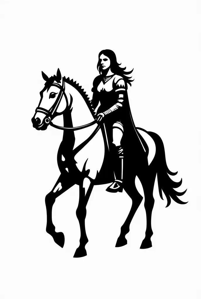 Dessin de Jeanne d Arc sur un cheval, style minimaliste, uniquement en noir, sur fond transparent